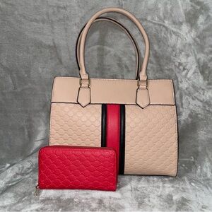Chic Quilted Beige Tote Purse and Red Wallet Set New Without Tags Elegant
